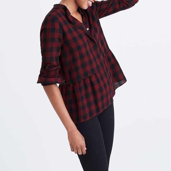 Madewell Lakeside Peplum Shirt‎ in Buffalo Check Red Black, Size XS - Picture 1 of 13
